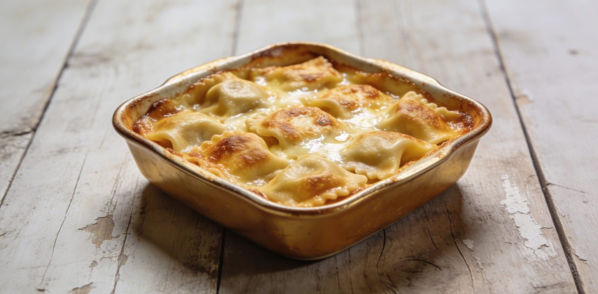 Plat de gratin de ravioles dorees sur table rustique