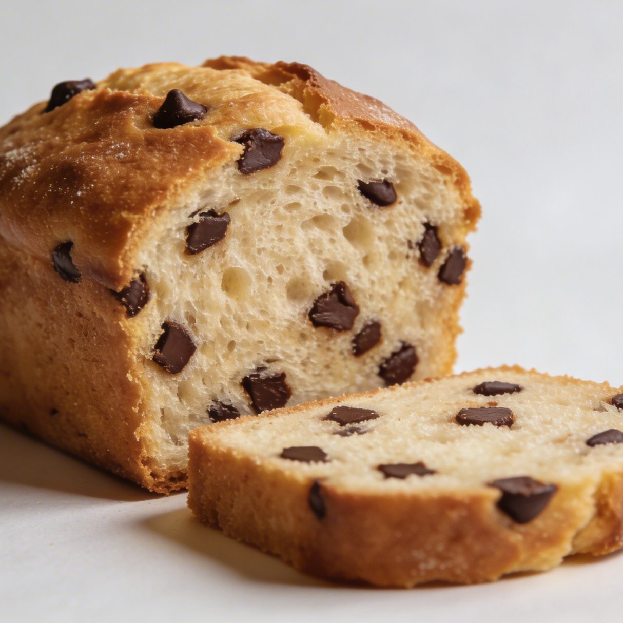 Gros cake dore tranché montrant pepites de chocolat