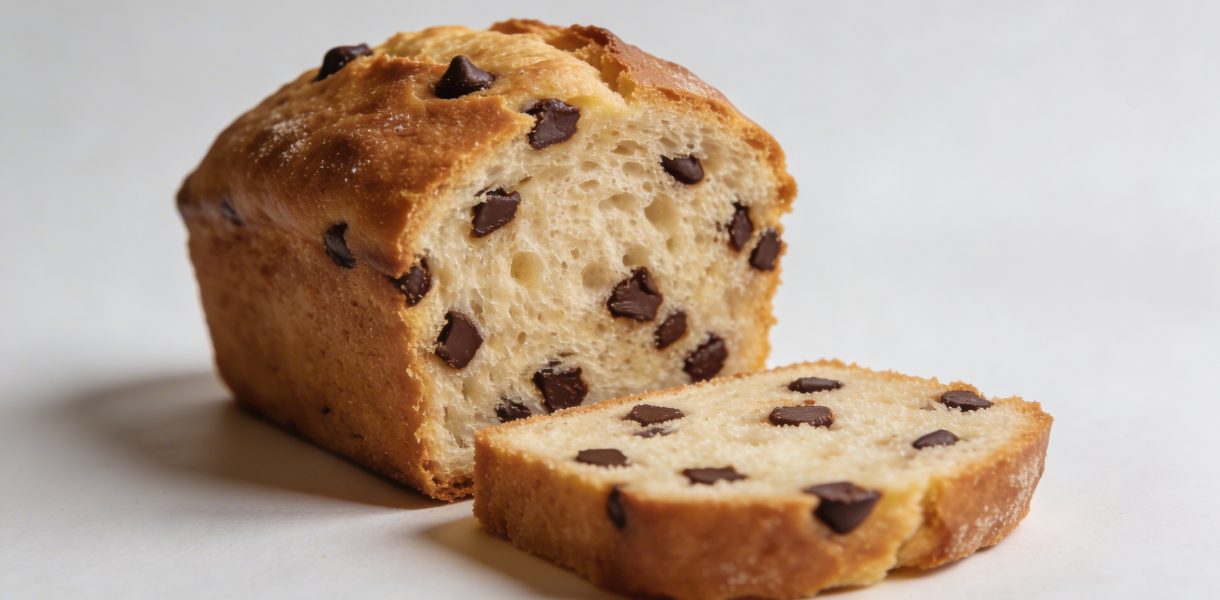 Gros cake dore tranché montrant pepites de chocolat