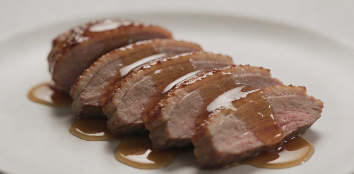 Magret de canard tranche nappé de sauce miel