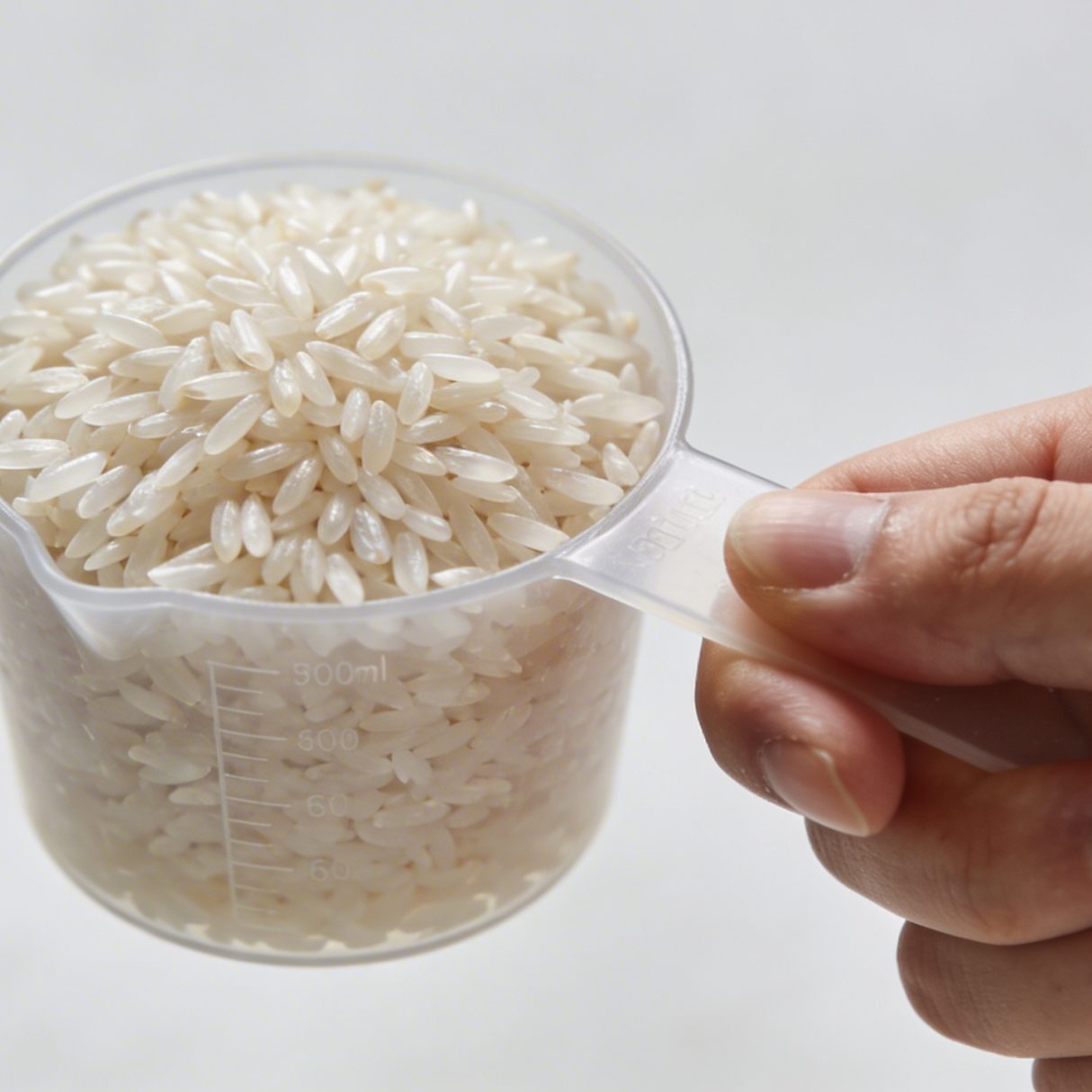 Main tenant une tasse doseuse de riz cru