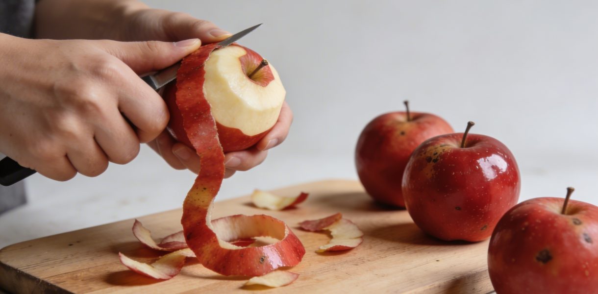 Mains epluchant des pommes rouges sur planche