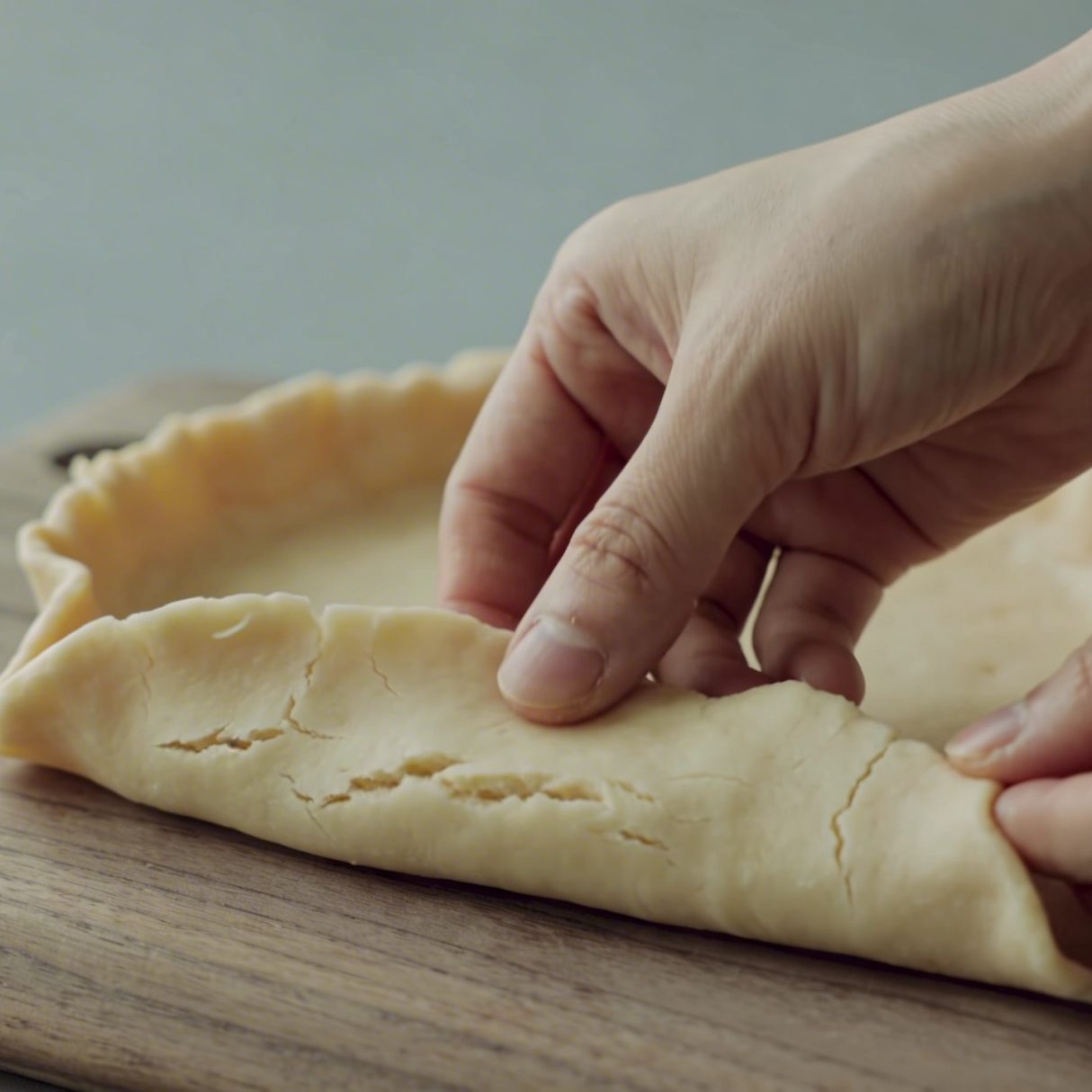 mains étalent une pate brisee huilee sur planche