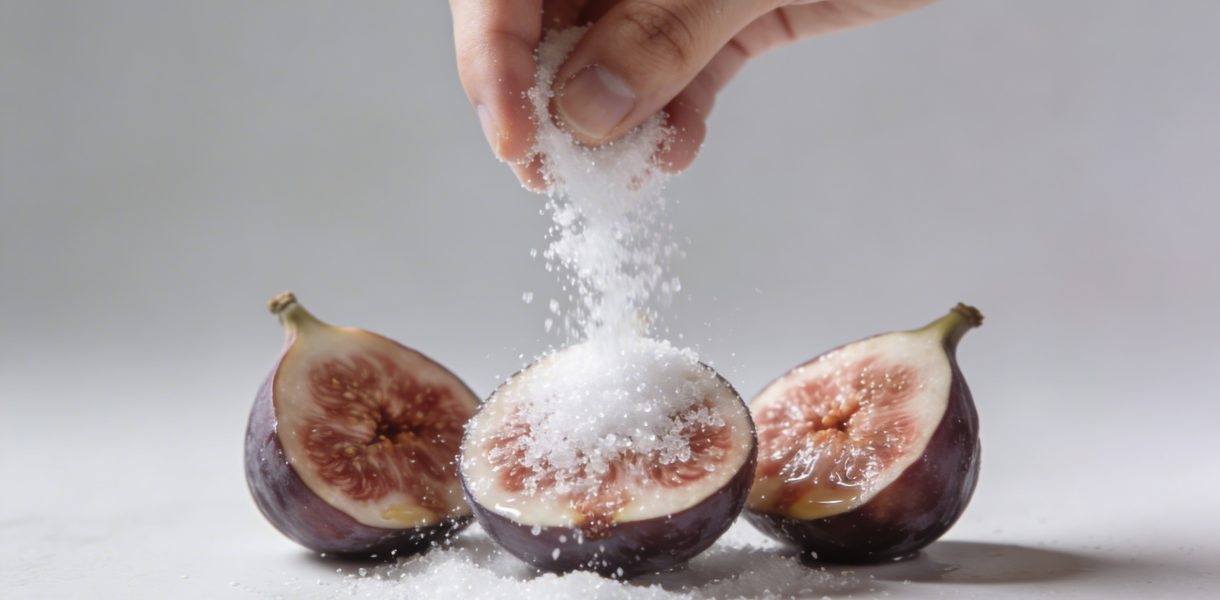 Mains versant sucre blanc sur figues coupees