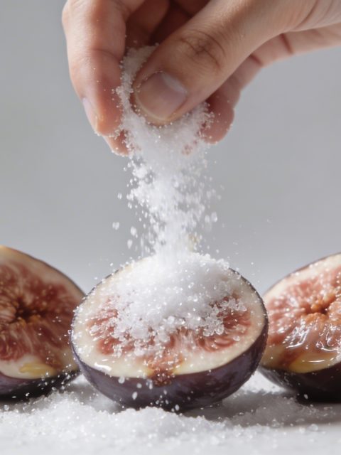 Mains versant sucre blanc sur figues coupees