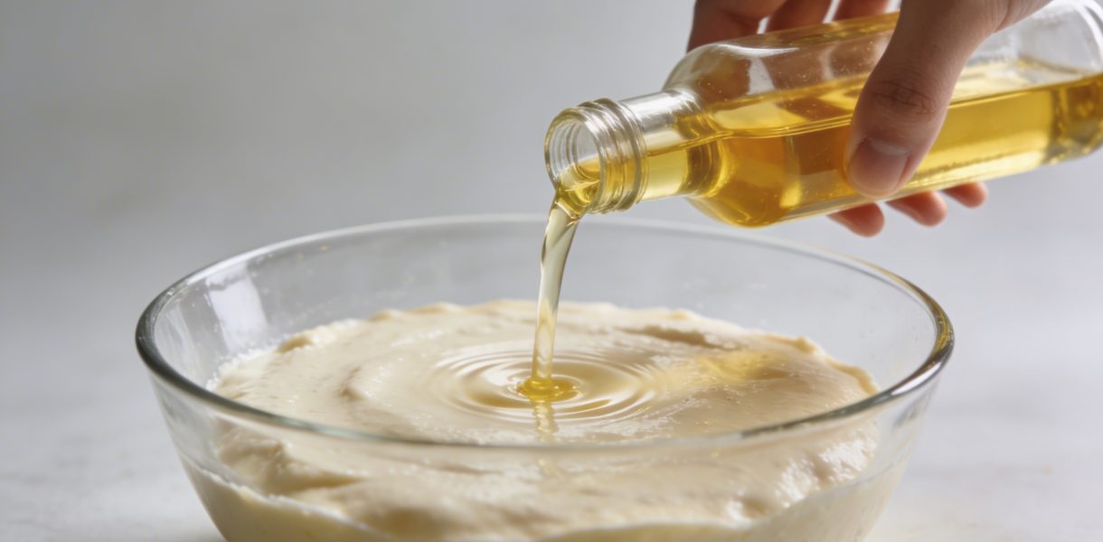 Mains versant huile vegetale dans pate a gateau