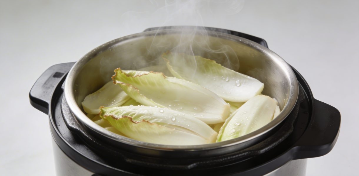 Marmite autocuiseur fumante avec endives tranchees dedans