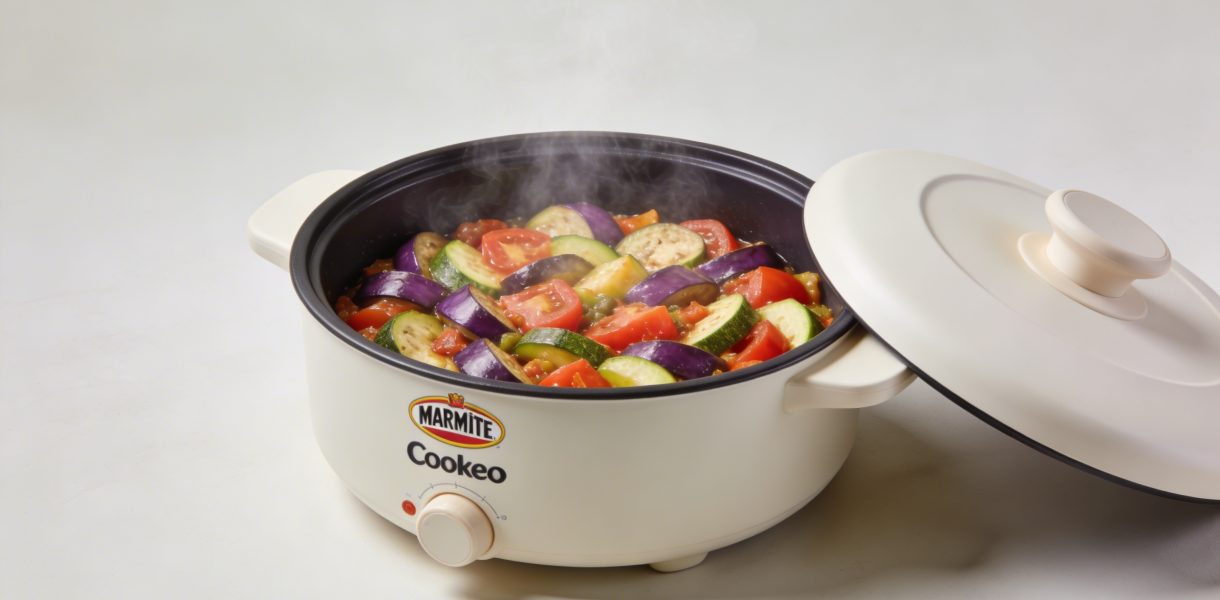 Marmite Cookeo ouverte avec ratatouille fumante colorée