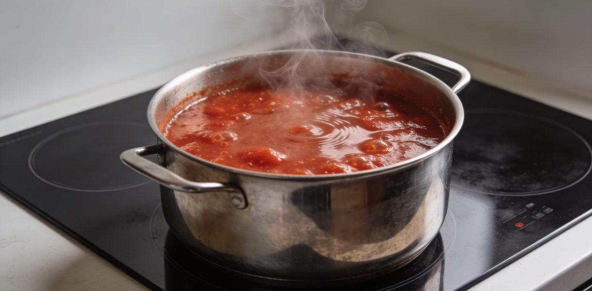 Grande marmite de sauce tomate bouillante sur cuisiniere