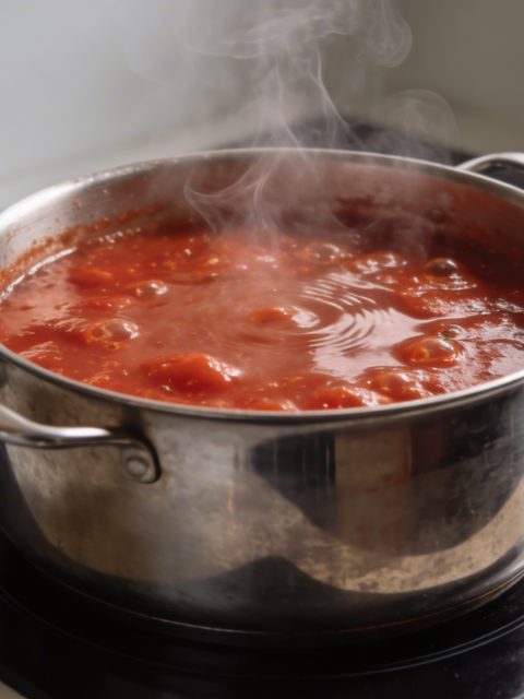 Grande marmite de sauce tomate bouillante sur cuisiniere