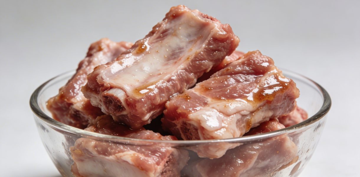 Morceaux de cote de porc crus marinees dans bol en verre