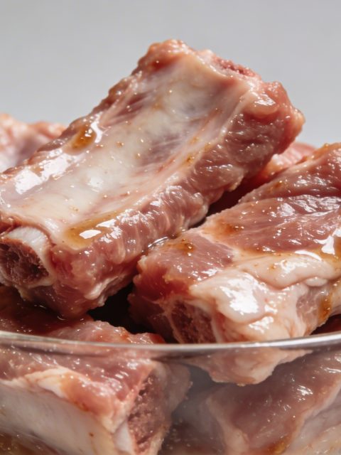 Morceaux de cote de porc crus marinees dans bol en verre