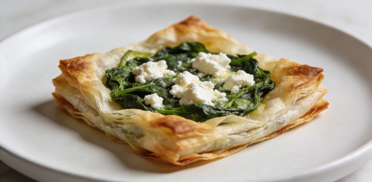 Part de feuillete epinards chevre sur assiette