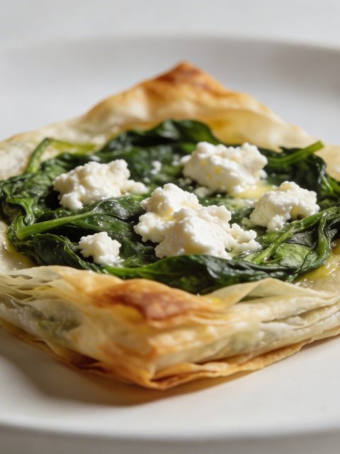 Part de feuillete epinards chevre sur assiette