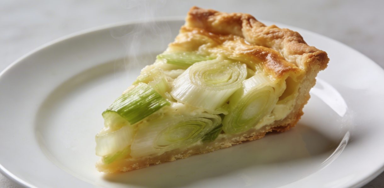 Part de quiche aux poireaux sur assiette blanche