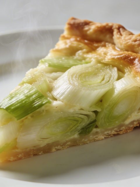 Part de quiche aux poireaux sur assiette blanche