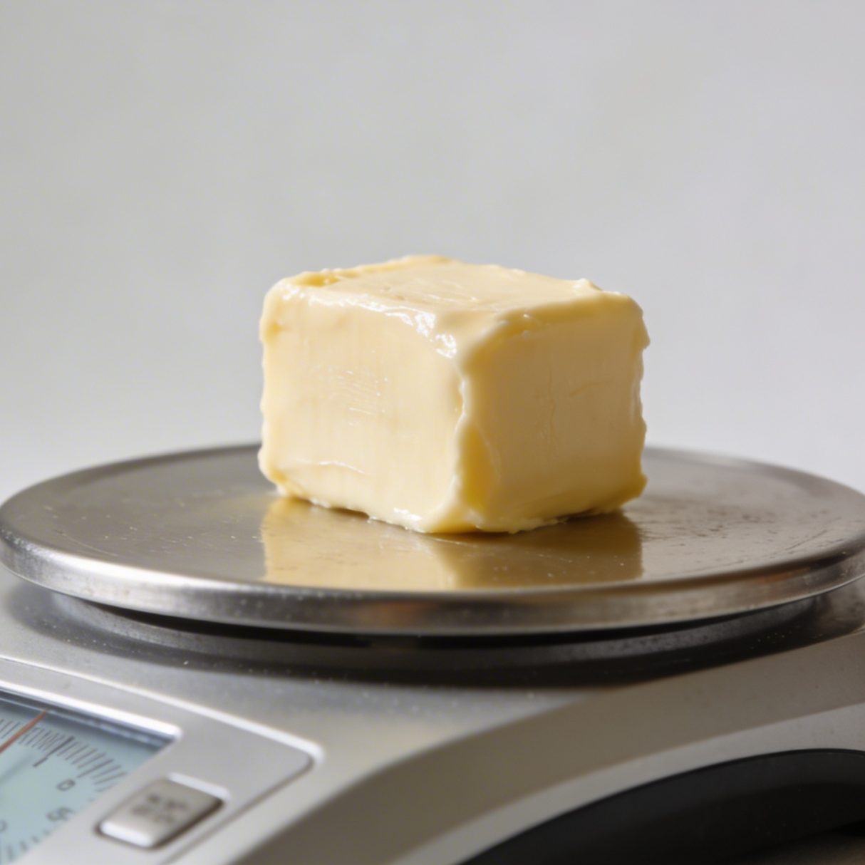Petit morceau de beurre pese sur balance de cuisine