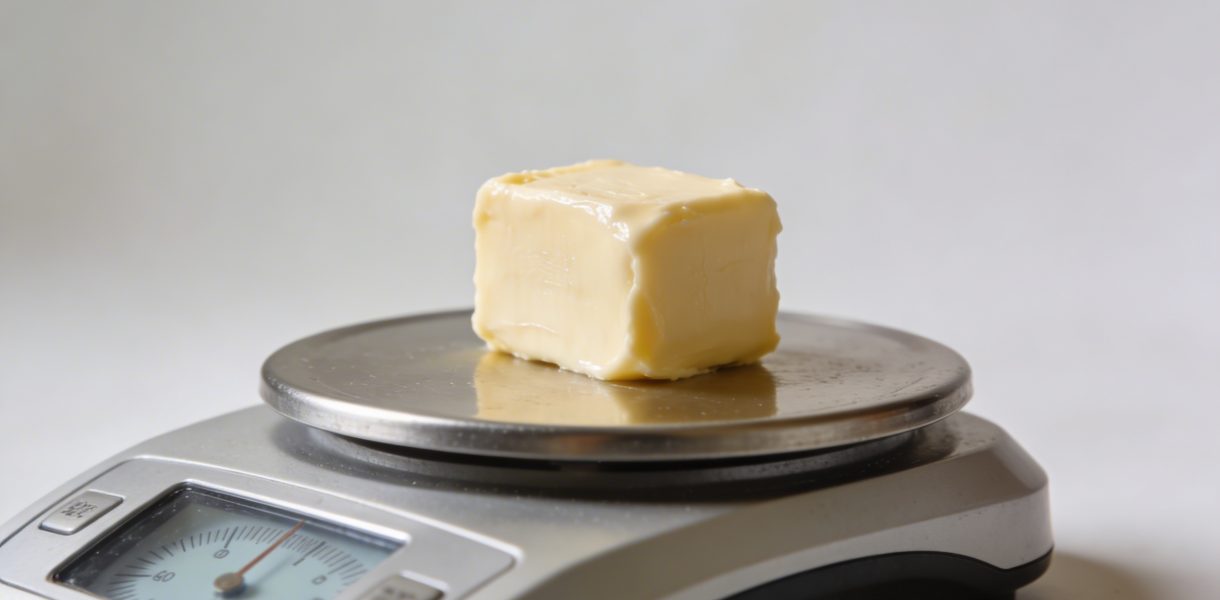 Petit morceau de beurre pese sur balance de cuisine