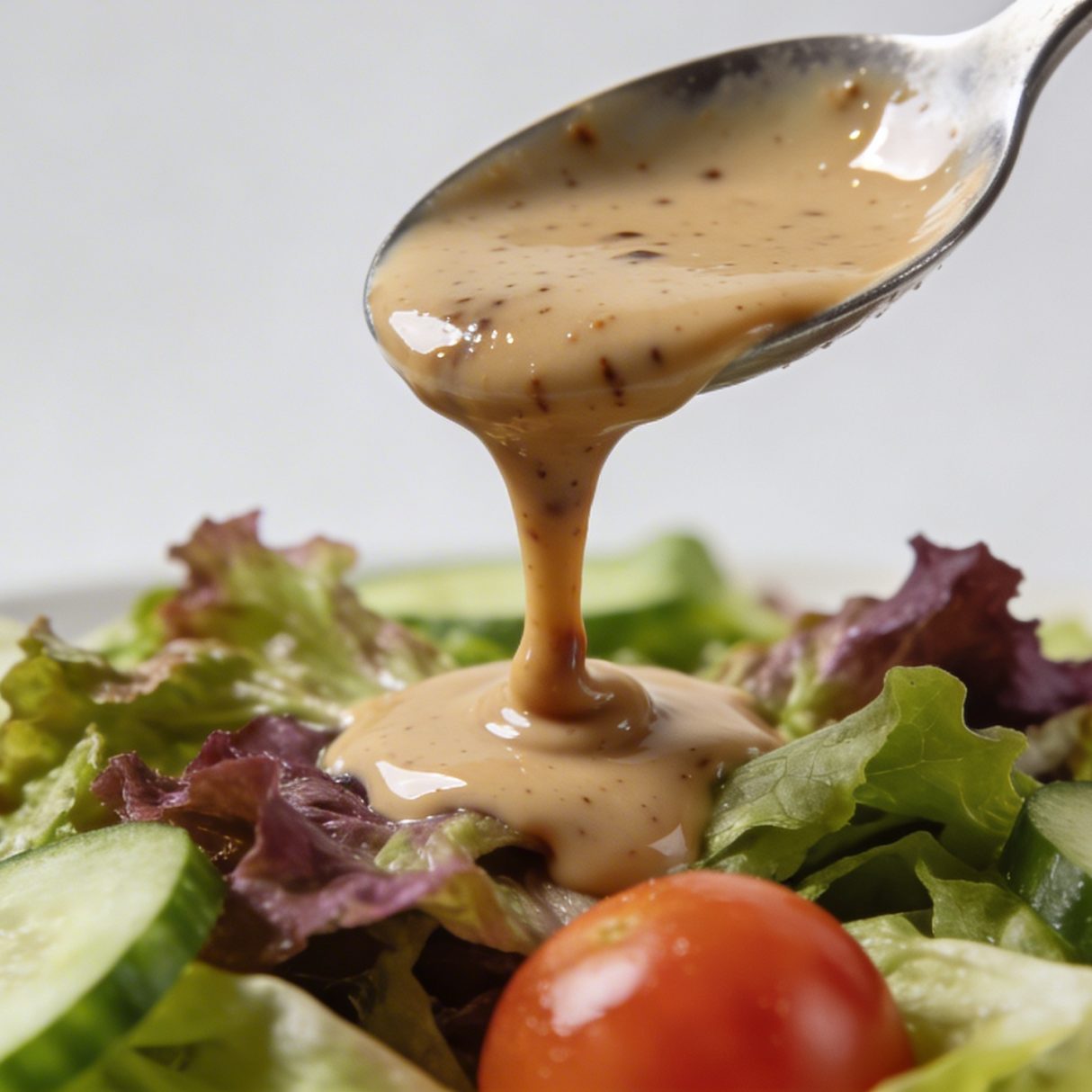 Petite cuillere versant creme balsamique sur salade