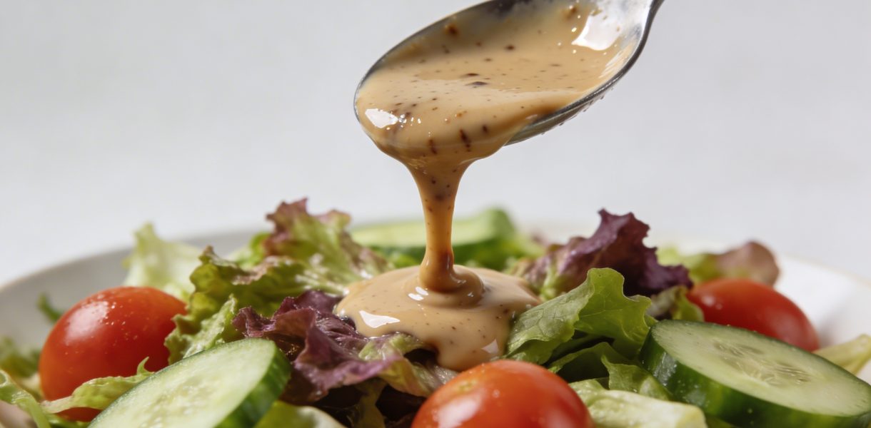 Petite cuillere versant creme balsamique sur salade