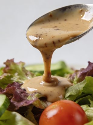 Petite cuillere versant creme balsamique sur salade