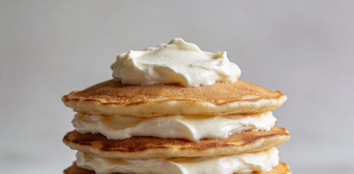 Pile de pancakes dores nappes de fromage blanc