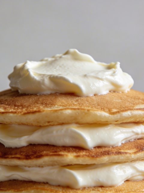 Pile de pancakes dores nappes de fromage blanc