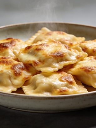 Plat en céramique rempli de ravioles gratinées
