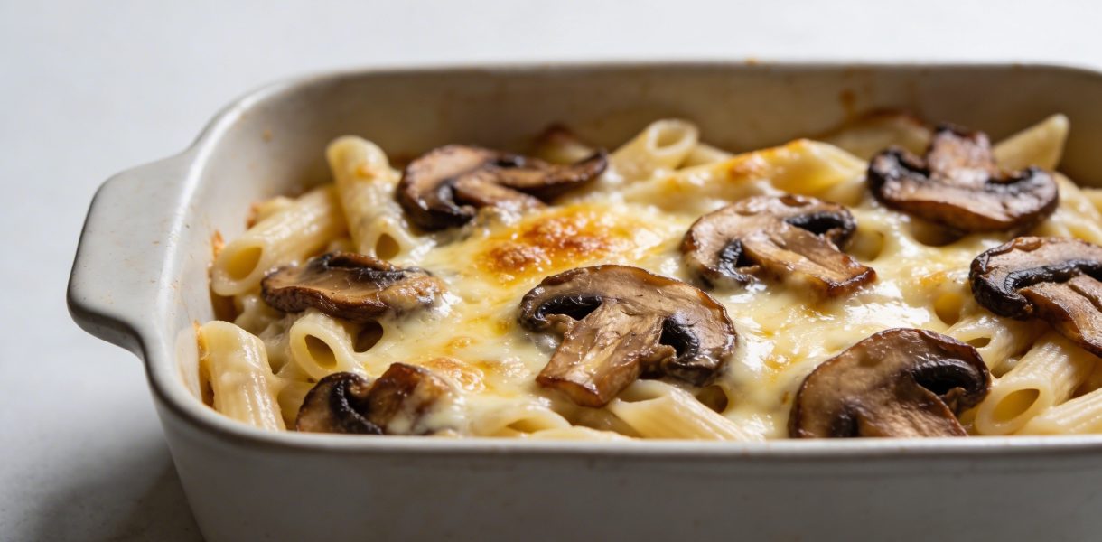 Plat de pâtes gratinées au four avec fromage gouda et champignons brunis