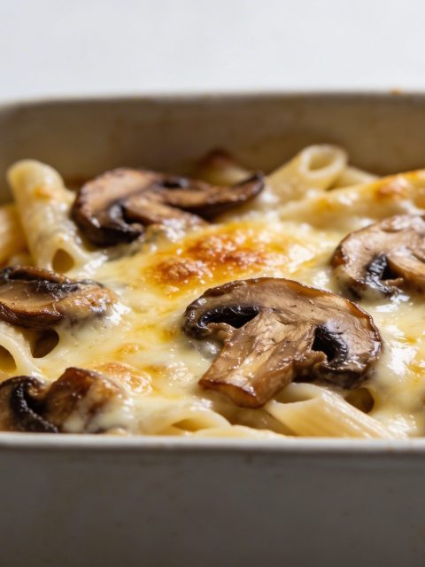 Plat de pâtes gratinées au four avec fromage gouda et champignons brunis