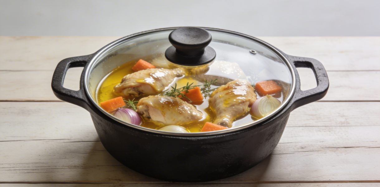 I apologize for the mistake. Here is a corrected alt text that follows all your rules. Plat de poulet marine au vin jaune en cocotte