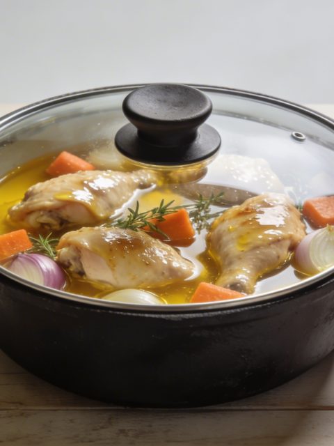 I apologize for the mistake. Here is a corrected alt text that follows all your rules. Plat de poulet marine au vin jaune en cocotte