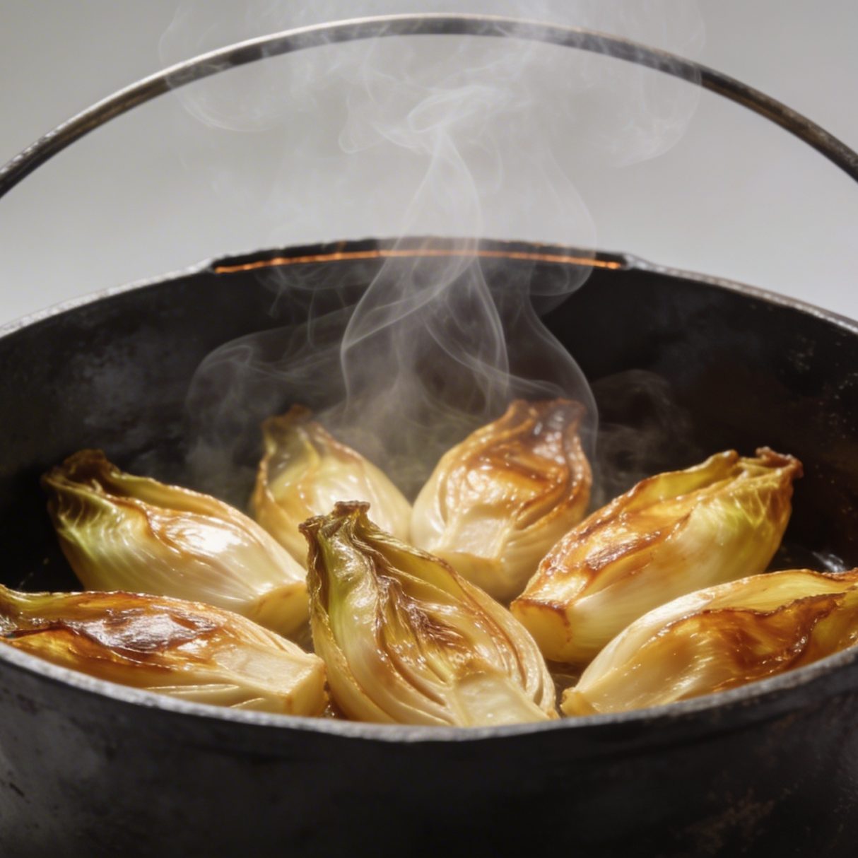 Poele en fonte avec endives dorees et vapeur