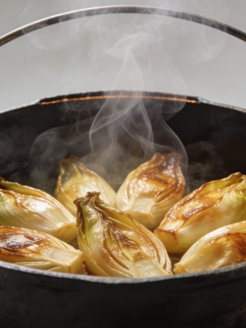 Poele en fonte avec endives dorees et vapeur