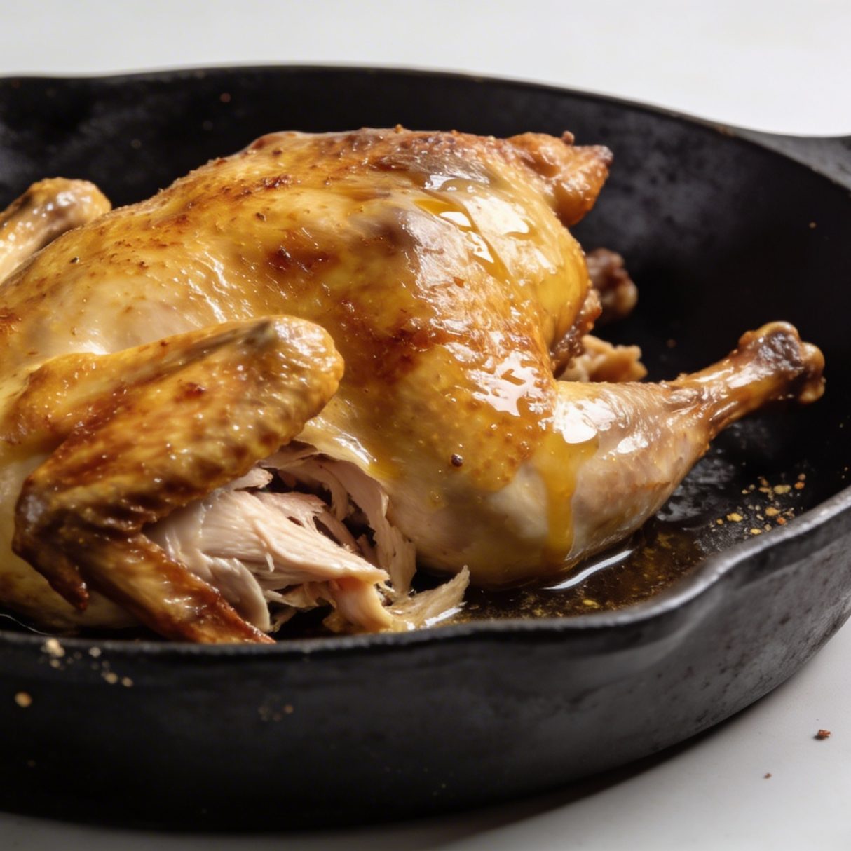 Poularde doree dans plat en fonte au four