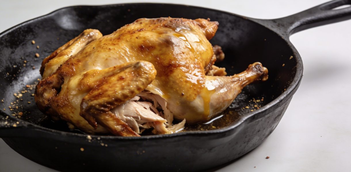 Poularde doree dans plat en fonte au four