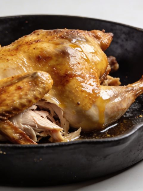 Poularde doree dans plat en fonte au four