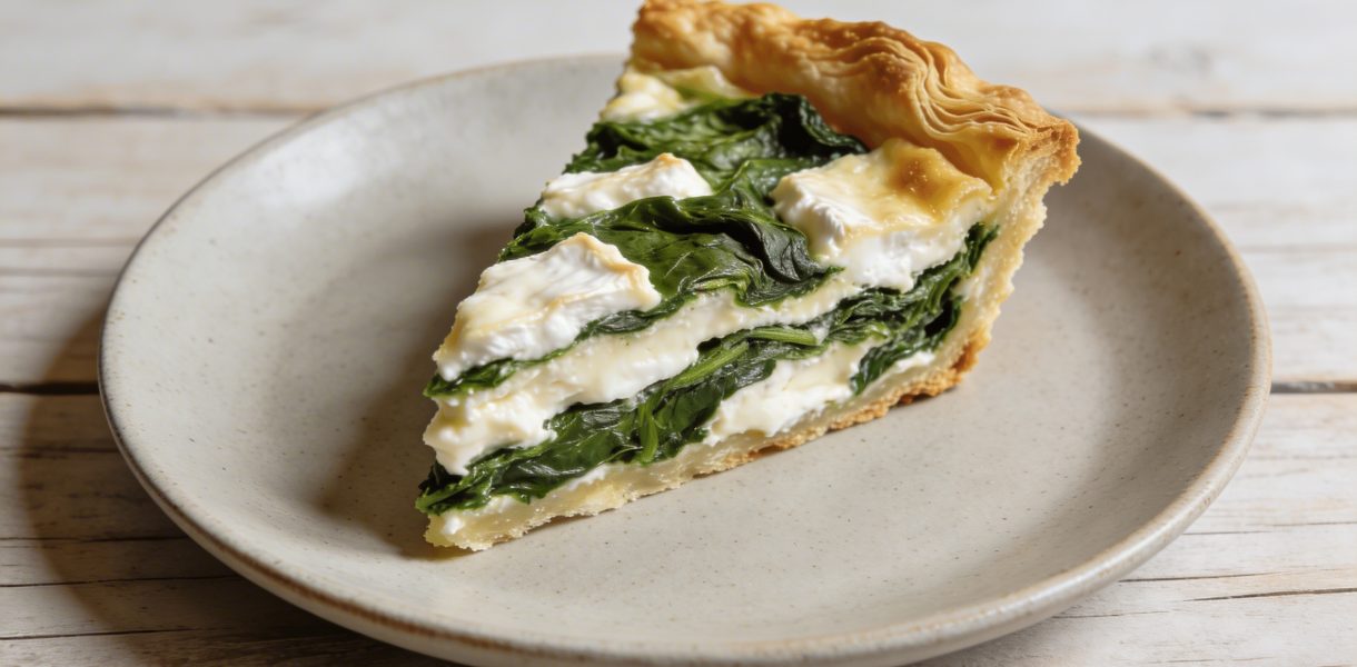 Part de quiche epaisse chevre epinards sur assiette