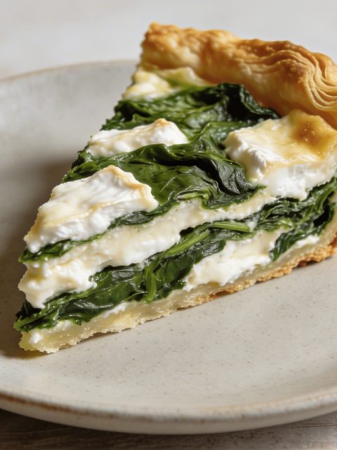 Part de quiche epaisse chevre epinards sur assiette