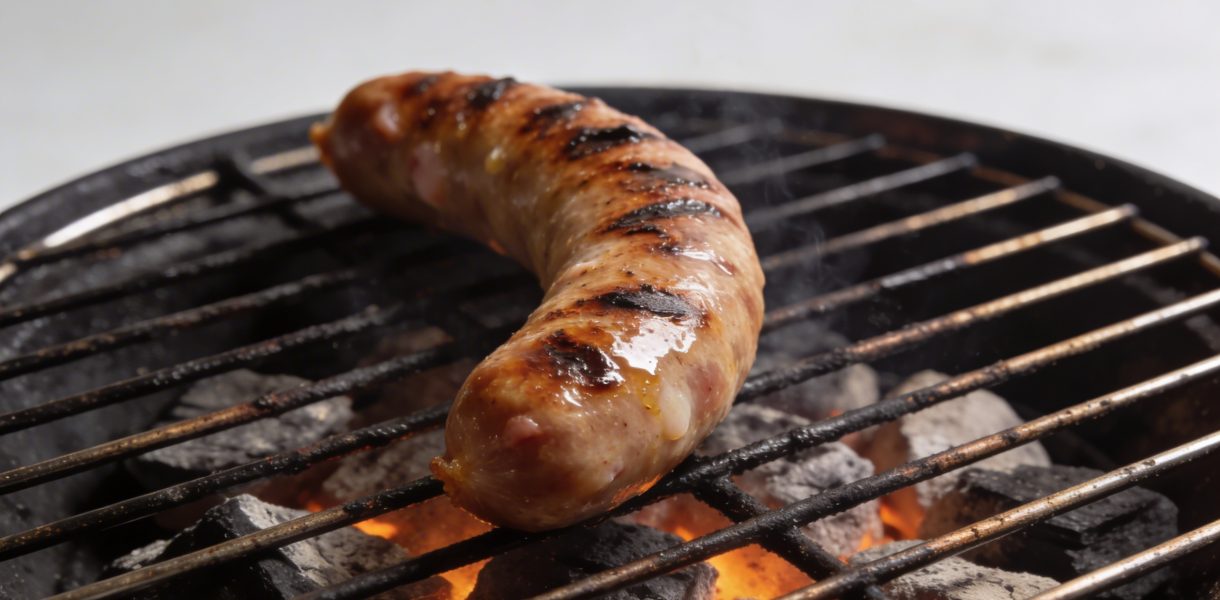Saucisse de Morteau grillant sur barbecue au charbon