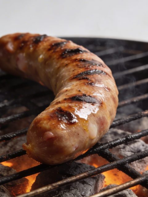 Saucisse de Morteau grillant sur barbecue au charbon