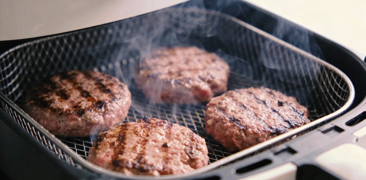 Steaks haches surgeles dorant dans un air fryer