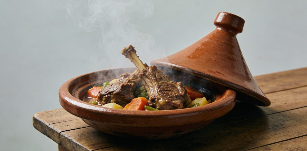 Plat de tajine d agneau fumant sur table