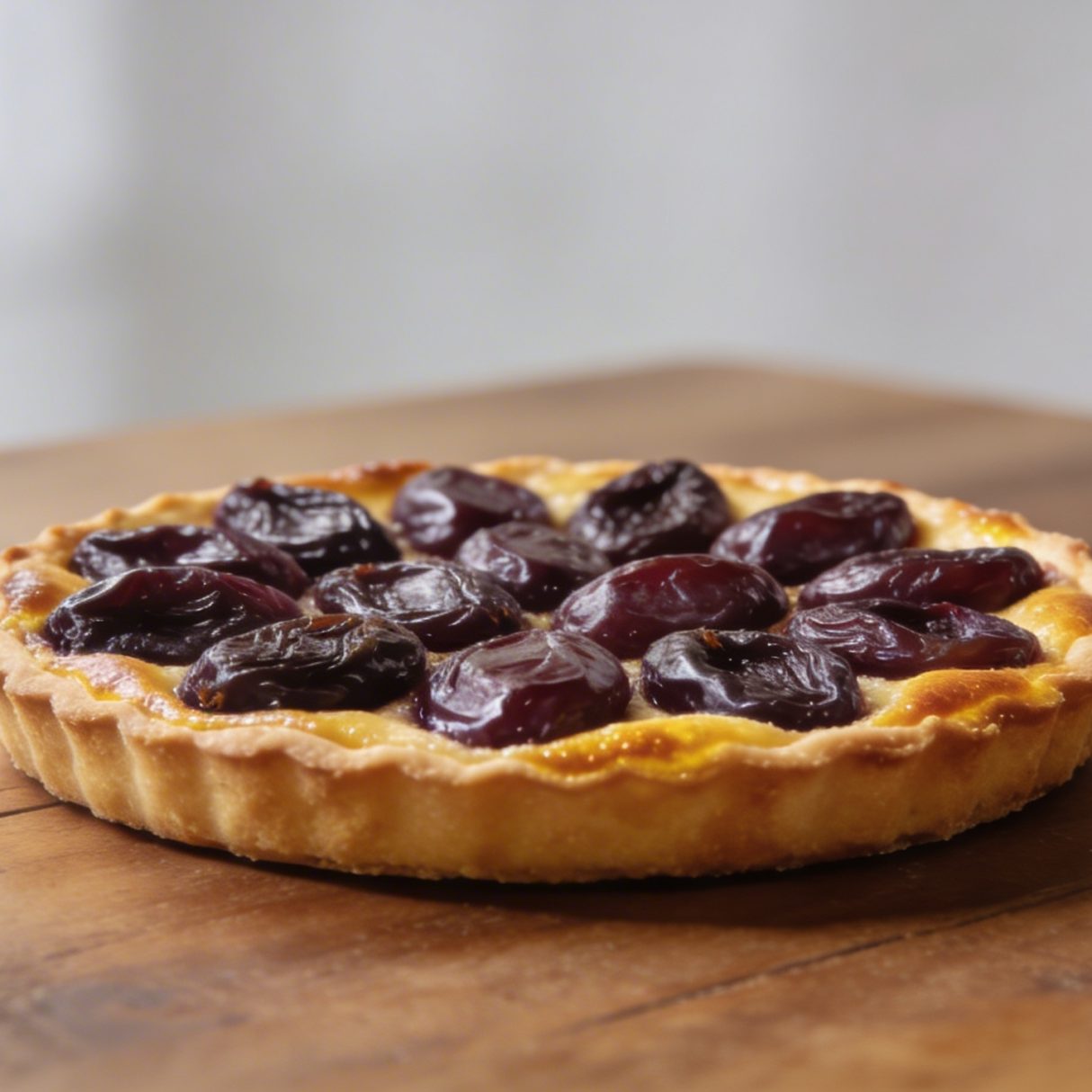 Tarte aux prunes doree sur table en bois
