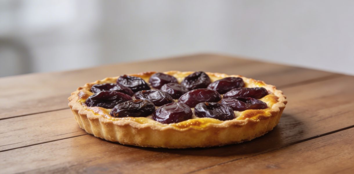Tarte aux prunes doree sur table en bois