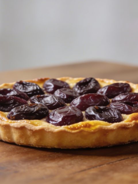 Tarte aux prunes doree sur table en bois