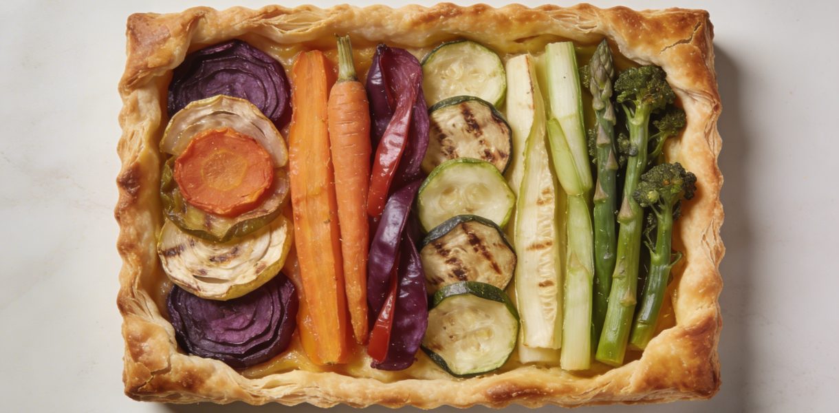 Tarte salee aux legumes colores vue de dessus