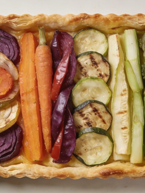 Tarte salee aux legumes colores vue de dessus
