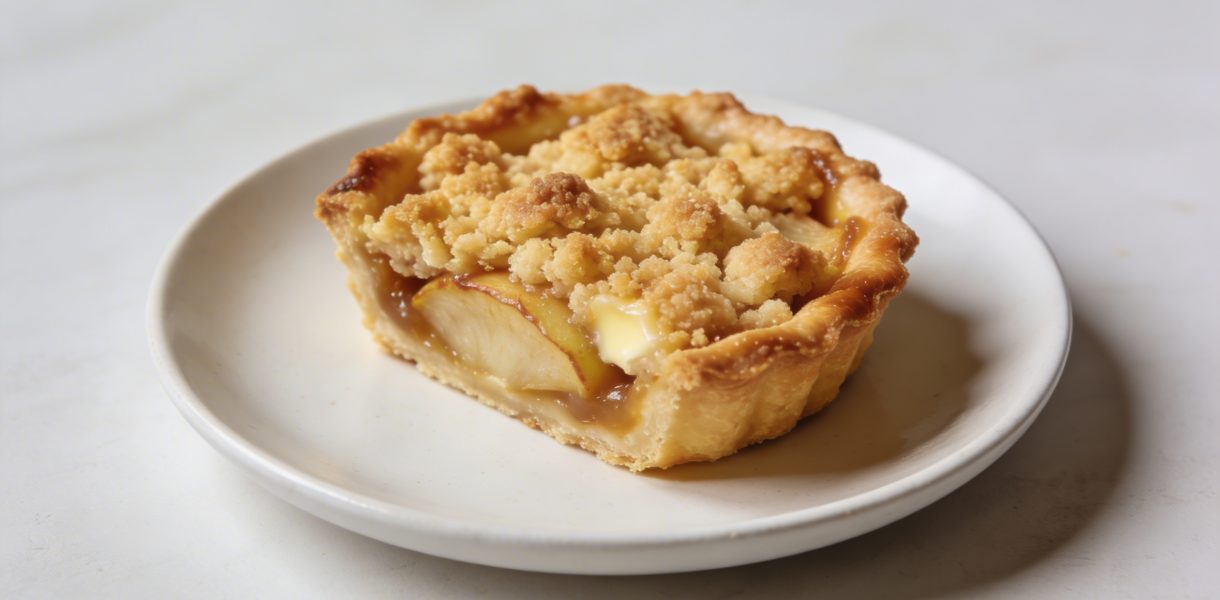 Petite tartelette aux pommes crumble dorée sur assiette