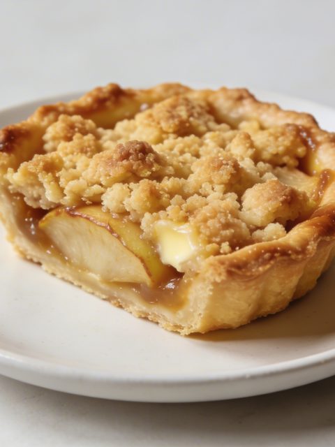Petite tartelette aux pommes crumble dorée sur assiette